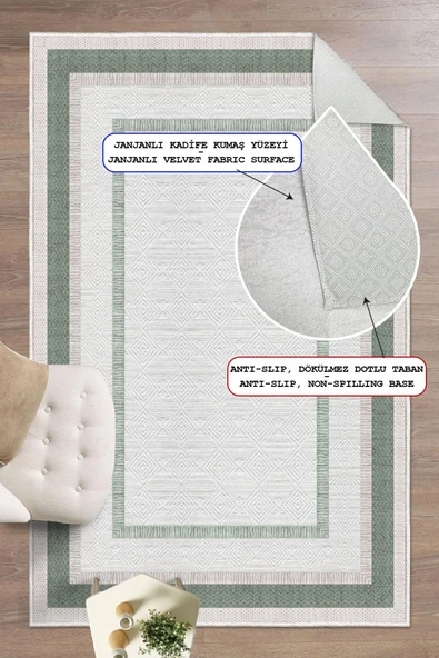 Dijital Baskılı Dekoratif Kaymaz Taban Yıkanabilir Çerçeveli Halı Salon Halısı Yolluk Mutfak Halısı 120 x 200 cm Yeşil - Resim 2