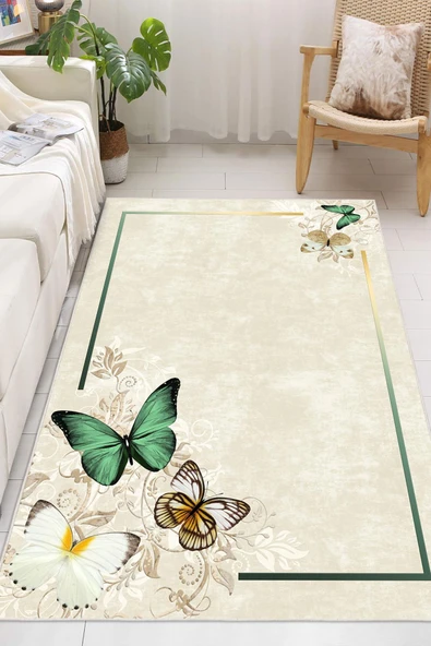 Dijital Baskılı Dekoratif Kaymaz Taban Yıkanabilir Kelebek Desen Halı Salon Halısı Yolluk Mutfak Halısı 160x200 cm Yeşil - Resim 2