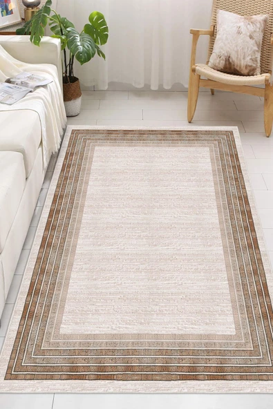 Dijital Baskılı Dekoratif Kaymaz Taban Yıkanabilir Çerceveli Halı Salon Halısı Yolluk Mutfak Halısı 120x300 cm Kiremit - 2