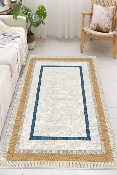 Dijital Baskılı Dekoratif Kaymaz Taban Yıkanabilir Çerçeveli Halı Salon Halısı Yolluk Mutfak Halısı 100 x 150 cm Altın - 2