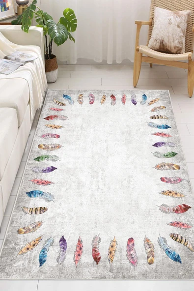 Dijital Baskılı Dekoratif Kaymaz Taban Yıkanabilir Tüy Desen Halı Salon Halısı Yolluk Mutfak Halısı 80x150 cm Gri - 4