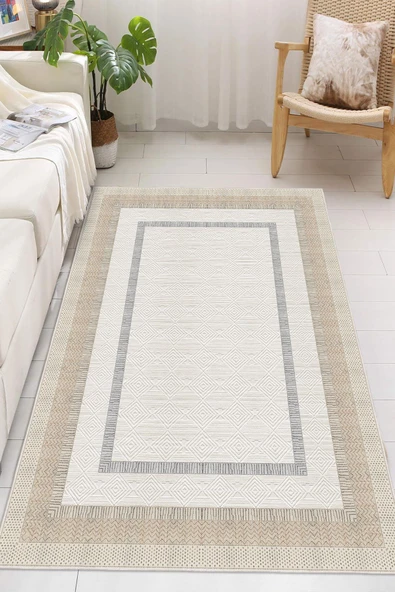 Dijital Baskılı Dekoratif Kaymaz Taban Yıkanabilir Çerçeveli Halı Salon Halısı Yolluk Mutfak Halısı 60 x 100 cm Krem ürün görseli
