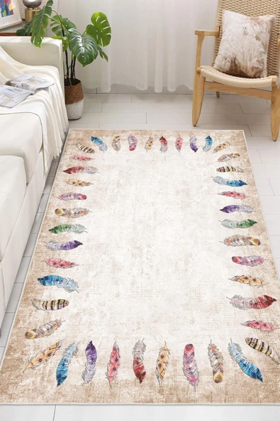 Dijital Baskılı Dekoratif Kaymaz Taban Yıkanabilir Tüy Desen Halı Salon Halısı Yolluk Mutfak Halısı 120x300 cm Krem - 2