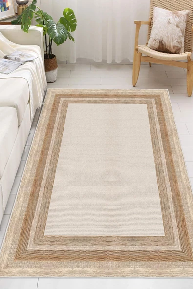 Dijital Baskılı Dekoratif Kaymaz Taban Yıkanabilir Çerceveli Halı Salon Halısı Yolluk Mutfak Halısı 100x150 cm Turuncu - 1