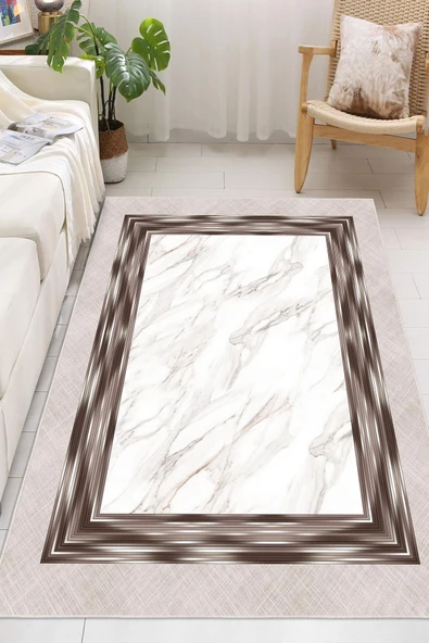 Dijital Baskılı Dekoratif Kaymaz Taban Yıkanabilir Çerceveli Halı Salon Halısı Yolluk Mutfak Halısı 60x300 cm Bej - Resim 2