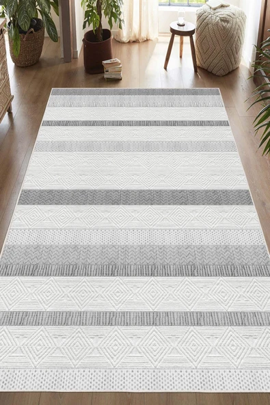 Dijital Baskılı Dekoratif Kaymaz Taban Yıkanabilir Geometrik Halı Salon Halısı Yolluk Mutfak Halısı 200 x 400 cm Gri - 1
