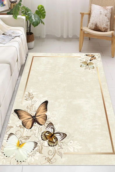 Dijital Baskılı Dekoratif Kaymaz Taban Yıkanabilir Kelebek Desen Halı Salon Halısı Yolluk Mutfak Halısı 80x250 cm Krem - Resim 3
