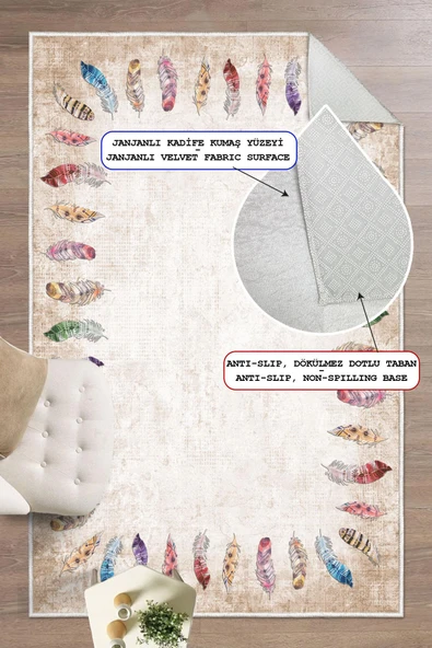 Dijital Baskılı Dekoratif Kaymaz Taban Yıkanabilir Tüy Desen Halı Salon Halısı Yolluk Mutfak Halısı 80x400 cm Krem - 1