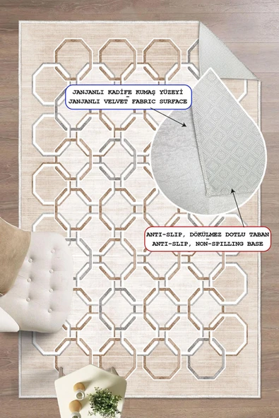 Dijital Baskılı Dekoratif Kaymaz Taban Yıkanabilir Geometrik Halı Salon Halısı Yolluk Mutfak Halısı 80x500 cm Krem - 1