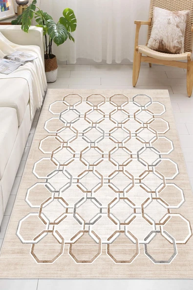 Dijital Baskılı Dekoratif Kaymaz Taban Yıkanabilir Geometrik Halı Salon Halısı Yolluk Mutfak Halısı 80x200 cm Krem - Resim 2