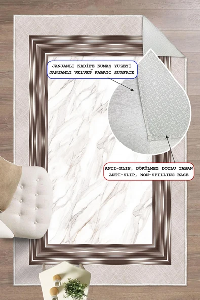Dijital Baskılı Dekoratif Kaymaz Taban Yıkanabilir Çerceveli Halı Salon Halısı Yolluk Mutfak Halısı 100x200 cm Bej - 1
