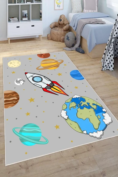 Dijital Baskılı Dekoratif Kaymaz Taban Yıkanabilir Gezegenler Temalı Modern Çocuk Halısı 100x250 cm Gri - 3