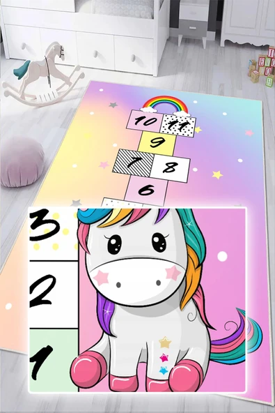 Dijital Baskılı Dekoratif Kaymaz Taban Yıkanabilir Unıcorn Temalı Modern Çocuk Halısı 60x300 cm Çok Renkli - Resim 3