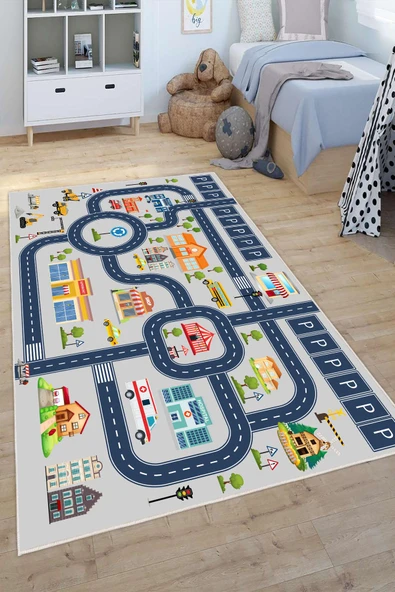 Dijital Baskılı Dekoratif Kaymaz Taban Yıkanabilir Trafik Parkı Temalı Modern Çocuk Halısı 120x200 cm Gri ürün görseli