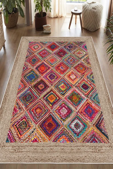 Dijital Baskılı Dekoratif Kaymaz Taban Yıkanabilir Kilim Desen Halı Salon Halısı Yolluk Mutfak Halısı 120x180 cm Çok Renkli - Resim 2