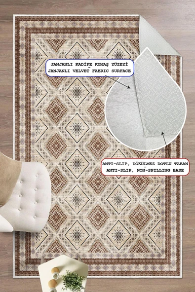 Dijital Baskılı Dekoratif Kaymaz Taban Yıkanabilir Kilim Desen Halı Salon Halısı Yolluk Mutfak Halısı 60x250 cm Kahverengi ürün görseli
