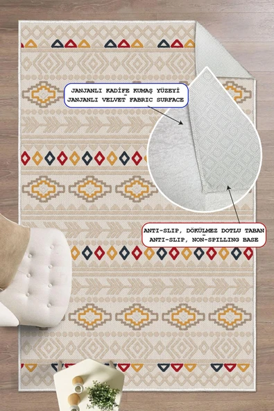 Dijital Baskılı Dekoratif Kaymaz Taban Yıkanabilir Kilim Desen Halı Salon Halısı Yolluk Mutfak Halısı 100x250 cm Krem - Resim 2