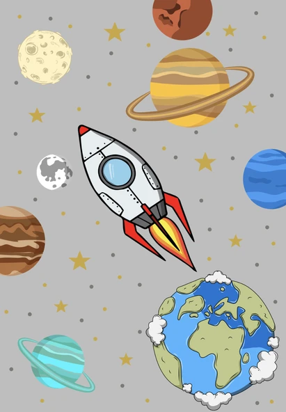Dijital Baskılı Dekoratif Kaymaz Taban Yıkanabilir Gezegenler Temalı Modern Çocuk Halısı 100x150 cm Gri - Resim 2