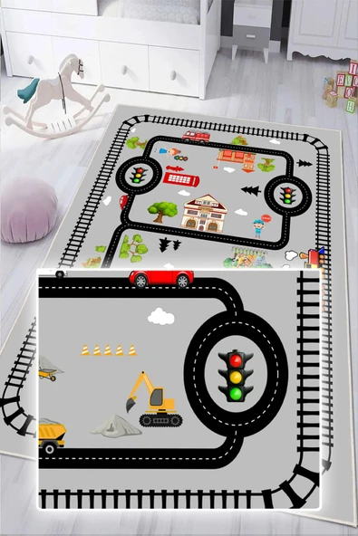 Dijital Baskılı Dekoratif Kaymaz Taban Yıkanabilir Trafik Yolu Temalı Modern Çocuk Halısı 120x200 cm Gri - 3