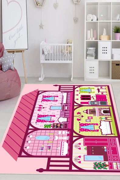 Dijital Baskılı Dekoratif Kaymaz Taban Yıkanabilir Prenses Evi Temalı Modern Çocuk Halısı 100x200 cm Pembe - 1