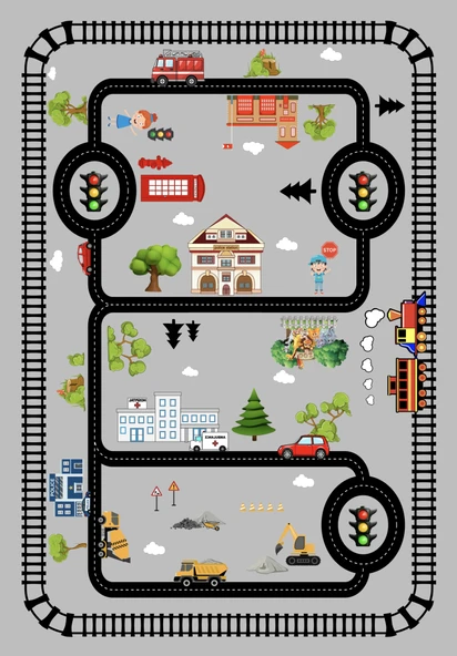 Dijital Baskılı Dekoratif Kaymaz Taban Yıkanabilir Trafik Yolu Temalı Modern Çocuk Halısı 120x200 cm Gri - 2