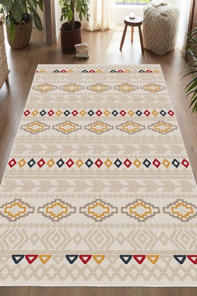 Dijital Baskılı Dekoratif Kaymaz Taban Yıkanabilir Kilim Desen Halı Salon Halısı Yolluk Mutfak Halısı 200x250 cm Krem ürün görseli