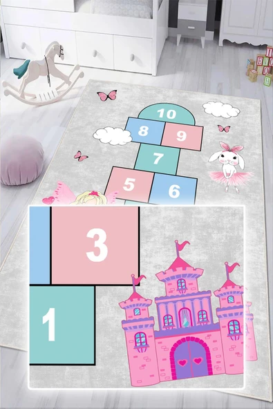 Dijital Baskılı Dekoratif Kaymaz Taban Yıkanabilir Kız Çocuk Seksek Temalı Modern Çocuk Halısı 80x500 cm Gri - Resim 4