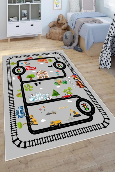 Dijital Baskılı Dekoratif Kaymaz Taban Yıkanabilir Trafik Yolu Temalı Modern Çocuk Halısı 120x200 cm Gri - 4