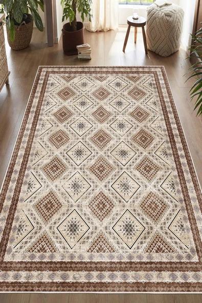 Dijital Baskılı Dekoratif Kaymaz Taban Yıkanabilir Kilim Desen Halı Salon Halısı Yolluk Mutfak Halısı 200x300 cm Kahverengi - Resim 2