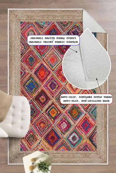 Dijital Baskılı Dekoratif Kaymaz Taban Yıkanabilir Kilim Desen Halı Salon Halısı Yolluk Mutfak Halısı 60x400 cm Çok Renkli ürün görseli