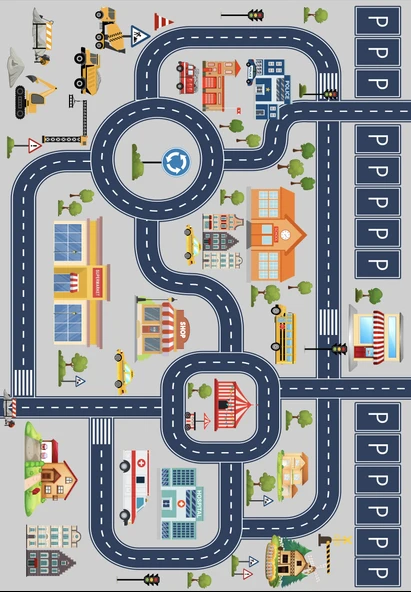 Dijital Baskılı Dekoratif Kaymaz Taban Yıkanabilir Trafik Parkı Temalı Modern Çocuk Halısı 200x250 cm Gri - Resim 3