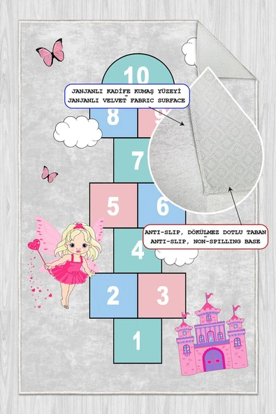 Dijital Baskılı Dekoratif Kaymaz Taban Yıkanabilir Kız Çocuk Seksek Temalı Modern Çocuk Halısı 60x150 cm Gri - Resim 2