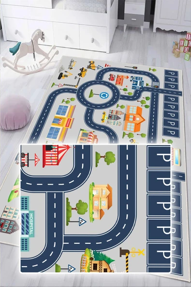Dijital Baskılı Dekoratif Kaymaz Taban Yıkanabilir Trafik Parkı Temalı Çocuk Halısı Gri 80x250 cm - Resim 4