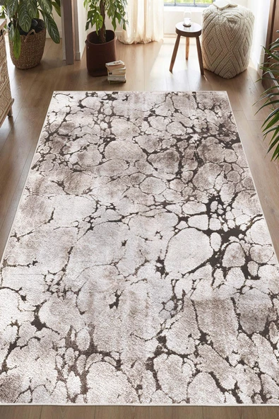 Dijital Baskılı Dekoratif Kaymaz Taban Yıkanabilir Mermer Desen Halı Salon Halısı Yolluk Mutfak Halısı 100x500 cm Bej - 2