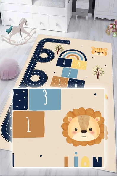 Dijital Baskılı Dekoratif Kaymaz Taban Yıkanabilir Hayvanlı Seksek Temalı Modern Çocuk Halısı 80 x 300 cm Krem - Resim 3