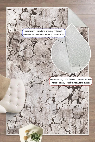 Dijital Baskılı Dekoratif Kaymaz Taban Yıkanabilir Mermer Desen Halı Salon Halısı Yolluk Mutfak Halısı 200x250 cm Bej - 1