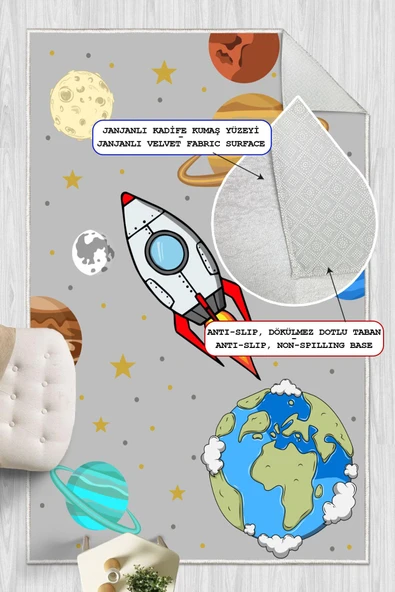 Dijital Baskılı Dekoratif Kaymaz Taban Yıkanabilir Gezegenler Temalı Modern Çocuk Halısı 80x300 cm Gri ürün görseli