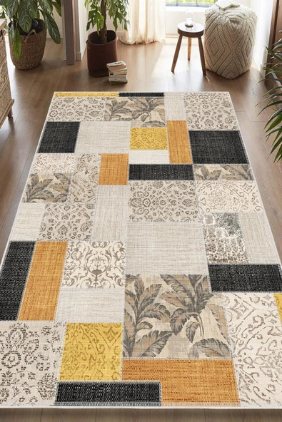 Dijital Baskılı Dekoratif Kaymaz Taban Yıkanabilir Kilim Desen Halı Salon Halısı Yolluk Mutfak Halısı 200x290 cm Sarı - 2