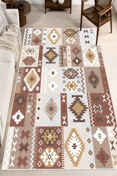 Dijital Baskılı Dekoratif Kaymaz Taban Yıkanabilir Kilim Desen Halı Salon Halısı Yolluk Mutfak Halısı 80x400 cm Kahverengi - 3