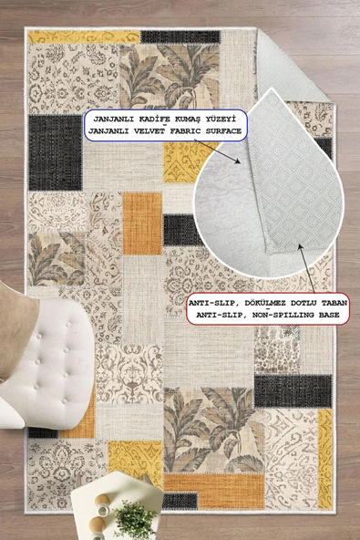 Dijital Baskılı Dekoratif Kaymaz Taban Yıkanabilir Kilim Desen Halı Salon Halısı Yolluk Mutfak Halısı 200x290 cm Sarı ürün görseli