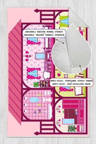 Dijital Baskılı Dekoratif Kaymaz Taban Yıkanabilir Prenses Evi Temalı Modern Çocuk Halısı 200x300 cm Pembe - Resim 2