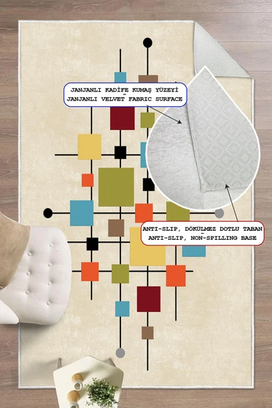 Dijital Baskılı Dekoratif Kaymaz Taban Yıkanabilir Geometrik Desen Halı Salon Halısı Yolluk Mutfak Halısı 80x300 cm Krem - 1