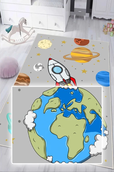 Dijital Baskılı Dekoratif Kaymaz Taban Yıkanabilir Gezegenler Temalı Modern Çocuk Halısı 60x150 cm Gri - Resim 4