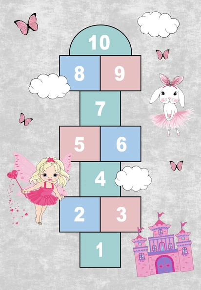 Dijital Baskılı Dekoratif Kaymaz Taban Yıkanabilir Kız Çocuk Seksek Temalı Modern Çocuk Halısı 80x150 cm Gri - Resim 3