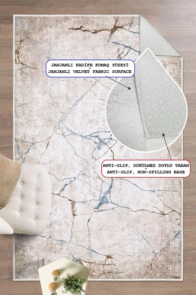 Dijital Baskılı Dekoratif Kaymaz Taban Yıkanabilir Mermer Desen Halı Salon Halısı Yolluk Mutfak Halısı 80x500 cm Bej ürün görseli