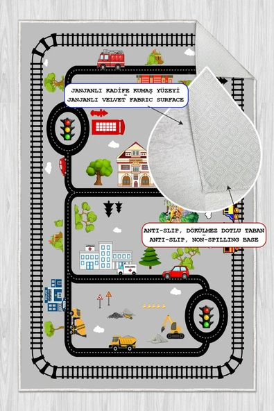Dijital Baskılı Dekoratif Kaymaz Taban Yıkanabilir Trafik Yolu Temalı Modern Çocuk Halısı 120x200 cm Gri - 1