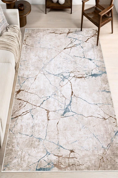 Dijital Baskılı Dekoratif Kaymaz Taban Yıkanabilir Mermer Desen Halı Salon Halısı Yolluk Mutfak Halısı 160x230 cm Bej - 2