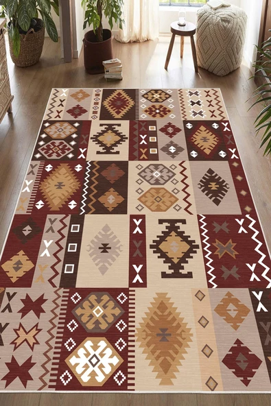 Dijital Baskılı Dekoratif Kaymaz Taban Yıkanabilir Kilim Desen Halı Salon Halısı Yolluk Mutfak Halısı 160x250 cm Bordo - Resim 2