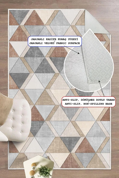 Dijital Baskılı Dekoratif Kaymaz Taban Yıkanabilir Geometrik Desen Halı Salon Halısı Yolluk Mutfak Halısı 120x300 cm Gri - 1