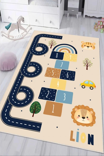 Dijital Baskılı Dekoratif Kaymaz Taban Yıkanabilir Hayvanlı Seksek Temalı Modern Çocuk Halısı 100 x 250 cm Krem ürün görseli